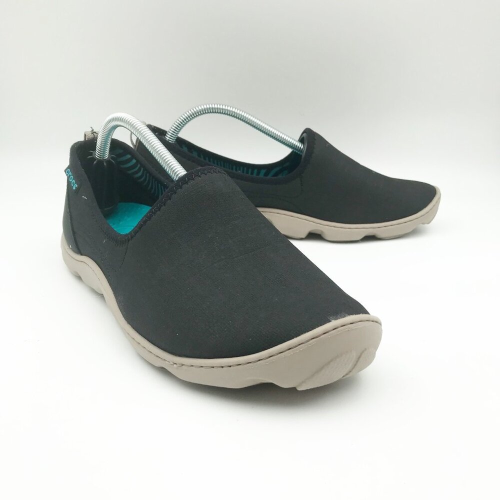 CROCS Duet Skim Clogs Slip On Sneaker Flats Black Teal Shoes Womens 8